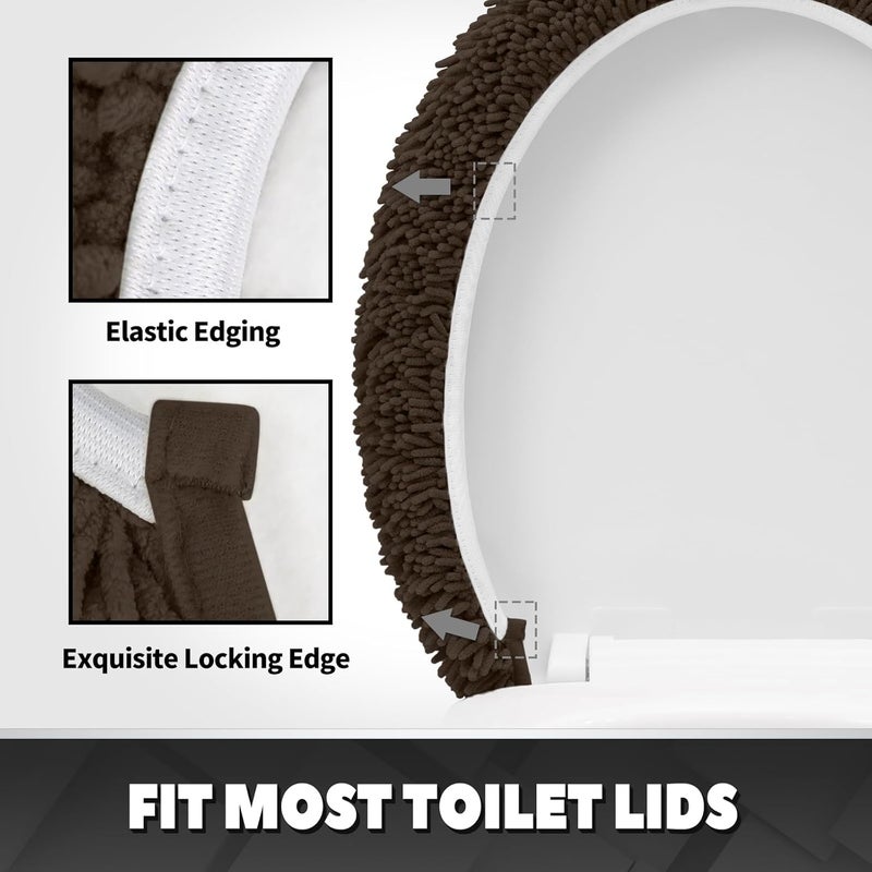 TREETONE Shaggy Chenille Bathroom Toilet Lid Cover, Ultra Soft Plush Seat Covers, Fluffy Absorbent, 19x21 Inches, Standard Toilet Lids for Bathroom Machine Wash & Dry, Chocolate Brown - Image 3